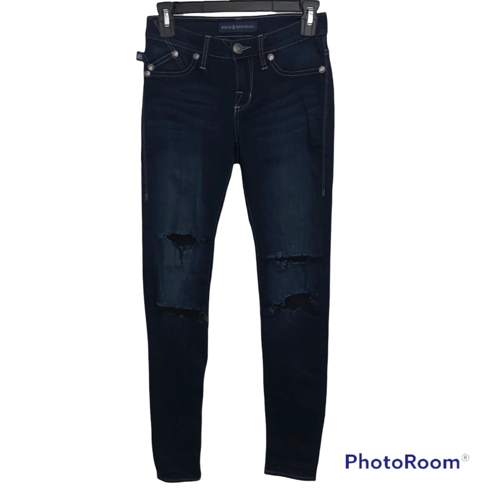 Rock & Republic Kashmiere Dark Wash Custom Distressed Skinny Jeans - Size 0